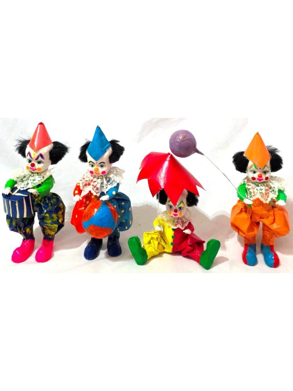 Set of 4 PAPER MACHE CLOWNS with fuzzy hair bright colorful folk art figurines